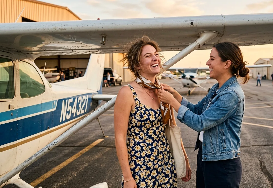 A portrait session beside the aircraft on the ramp at golden hour