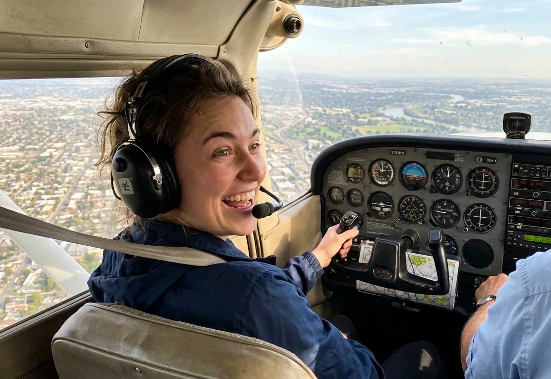 Student pilot at the controls during a training flight